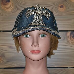Rhinestone Cross  - Studded Denim Strapback Baseball Cap